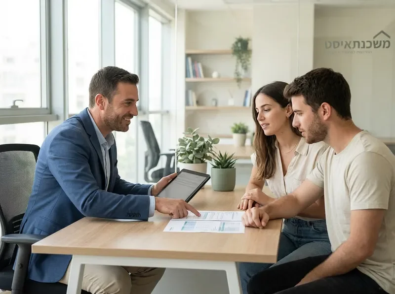יועץ משכנתאות במפגש עם לקוחות במשרד מקצועי