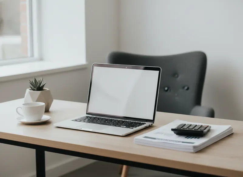 סביבת עבודה מינימליסטית עם מחשב נייד ומסמכים פיננסיים