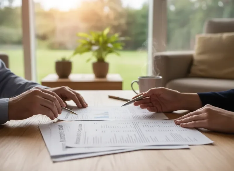 ידיים עוברות על מסמכי משכנתא בסביבה חמה ומזמינה